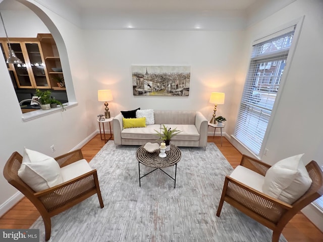 living area with baseboards and wood finished floors