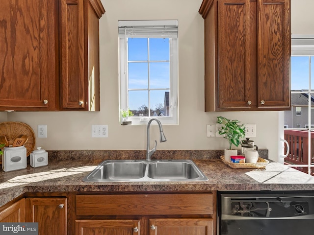 kitchen featuring a sink, dark countertops, and dishwasher