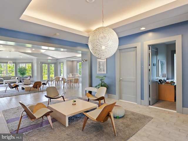 interior space featuring recessed lighting, french doors, and wood finished floors