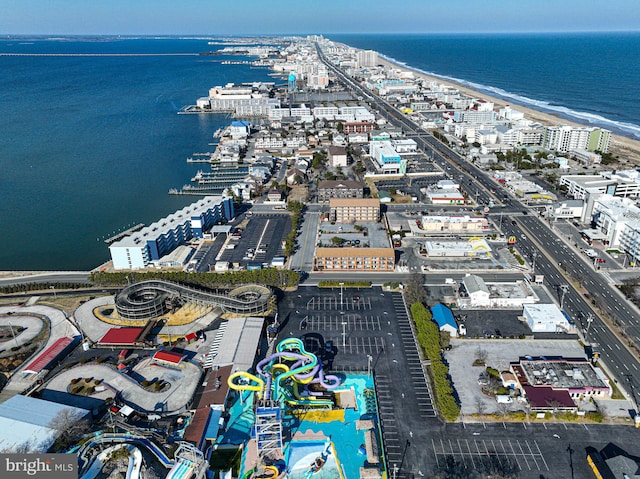 drone / aerial view with a water view