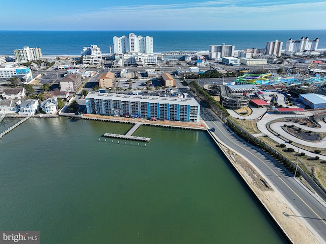 aerial view with a water view and a city view