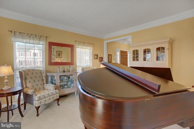 interior space with light colored carpet and ornamental molding