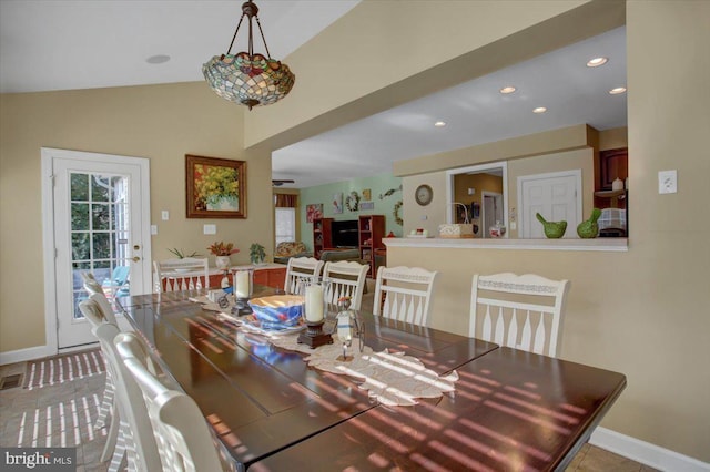 dining area featuring vaulted ceiling, recessed lighting, baseboards, and visible vents