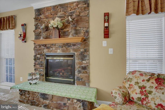 living room featuring a fireplace