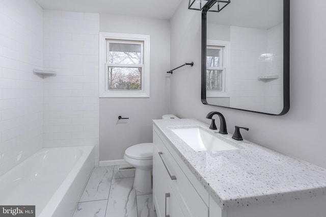 full bathroom featuring visible vents, toilet, marble finish floor, baseboards, and vanity