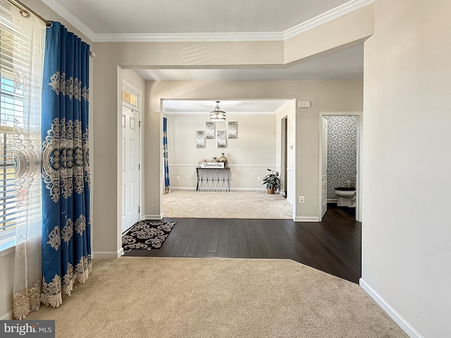 foyer with wood finished floors, a healthy amount of sunlight, baseboards, and ornamental molding