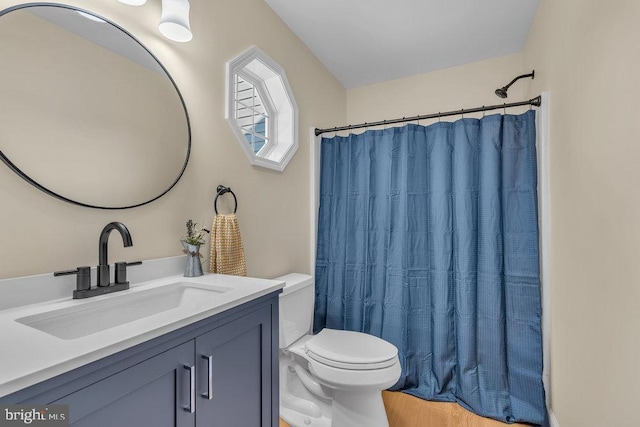 bathroom featuring vanity, toilet, and a shower with curtain