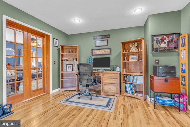 home office featuring recessed lighting, french doors, baseboards, and wood finished floors