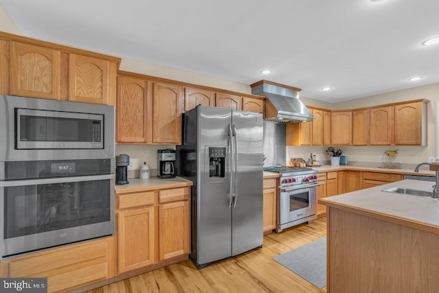 kitchen with wall chimney exhaust hood, appliances with stainless steel finishes, a sink, and light countertops