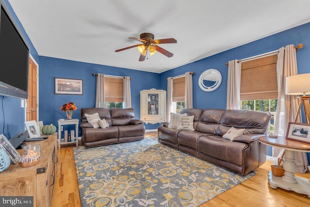 living area with ceiling fan, baseboards, and wood finished floors