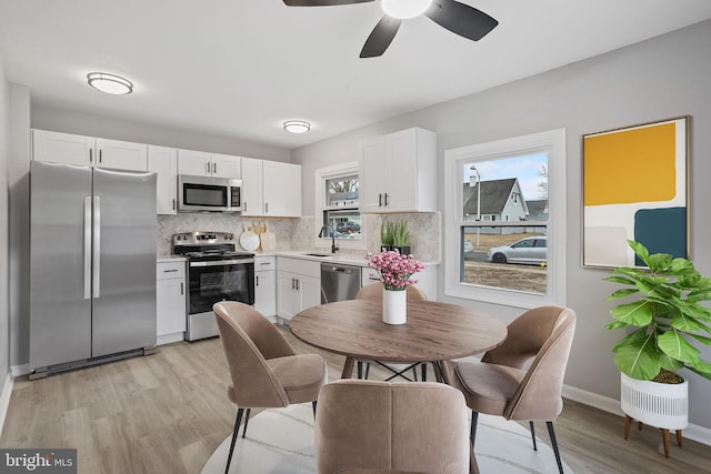 kitchen with light wood finished floors, backsplash, appliances with stainless steel finishes, white cabinetry, and a sink