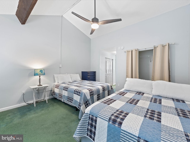 carpeted bedroom featuring baseboards, ceiling fan, and vaulted ceiling with beams