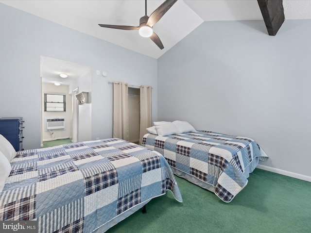 carpeted bedroom featuring vaulted ceiling, a ceiling fan, baseboards, and a wall mounted air conditioner