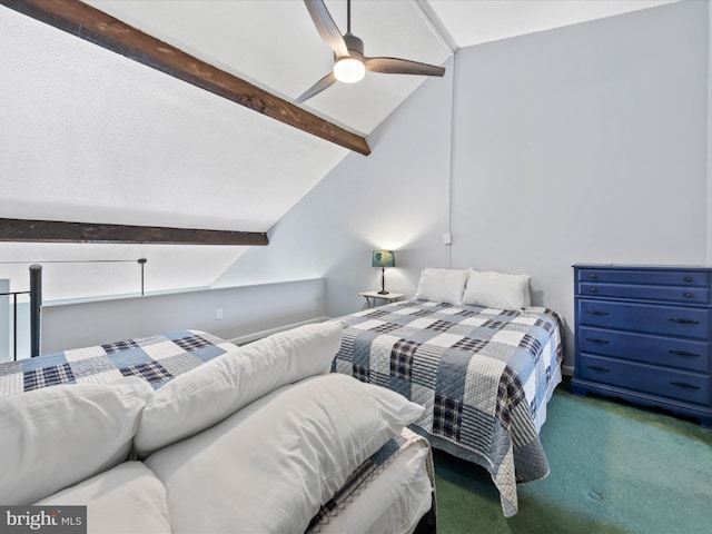 bedroom with lofted ceiling with beams, carpet floors, and a ceiling fan