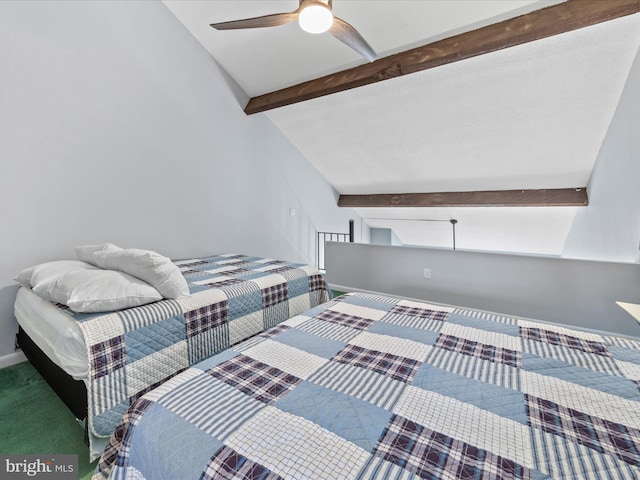 carpeted bedroom featuring lofted ceiling with beams, baseboards, and a ceiling fan