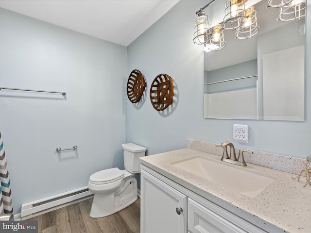 full bath with toilet, a shower with curtain, wood finished floors, vanity, and a baseboard radiator