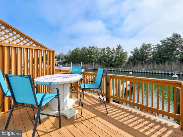 wooden deck featuring fence and a water view