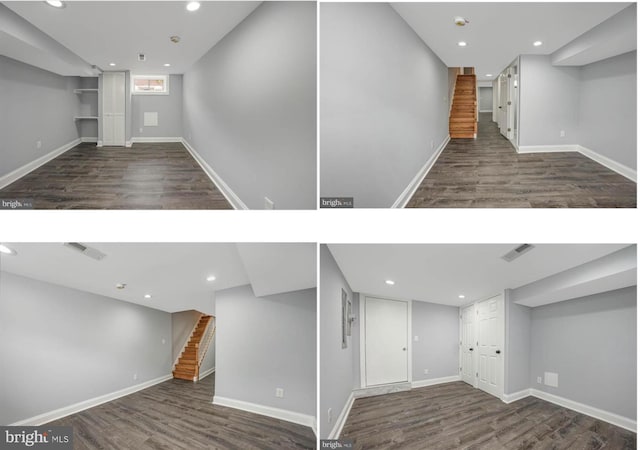 basement featuring baseboards, visible vents, stairway, wood finished floors, and recessed lighting