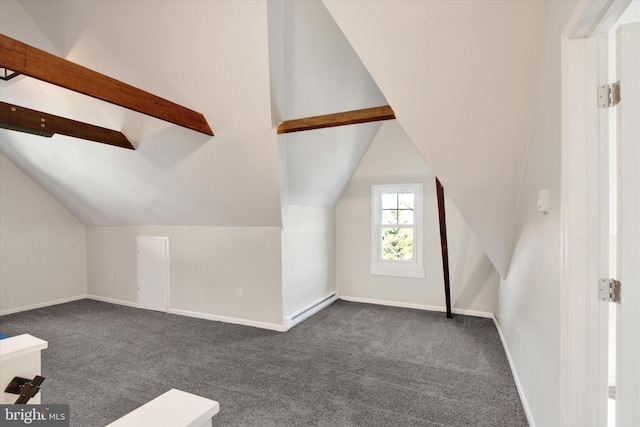 bonus room with lofted ceiling with beams, baseboards, dark colored carpet, and a baseboard radiator