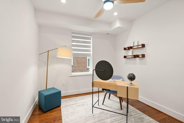 office with recessed lighting, a ceiling fan, baseboards, and wood finished floors