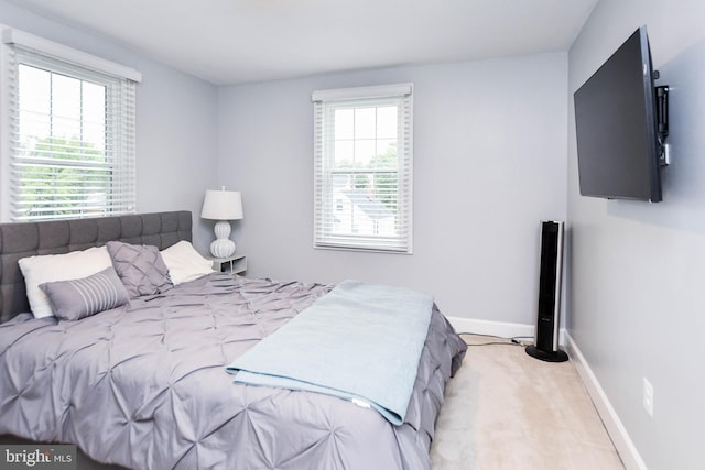 bedroom featuring multiple windows, carpet flooring, and baseboards