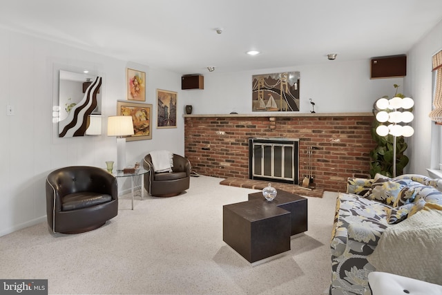 carpeted living room with a fireplace