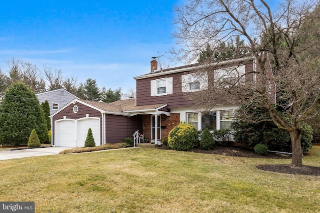 view of front facade featuring a front lawn, an attached garage, driveway, and a chimney