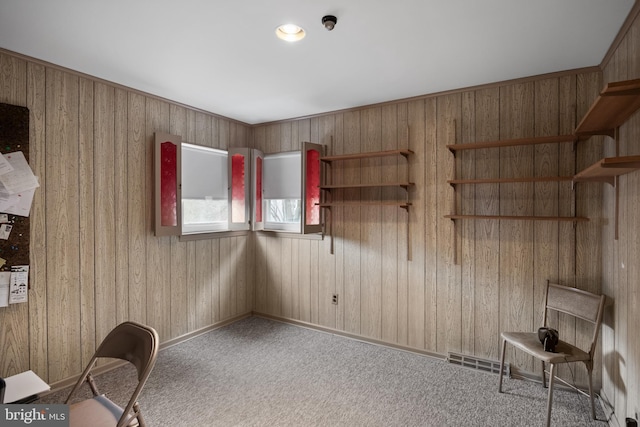 interior space with wooden walls, visible vents, and carpet