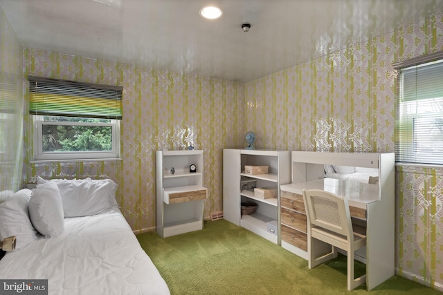 bedroom featuring multiple windows, wallpapered walls, and carpet floors