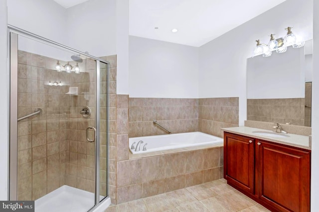 full bath with tile patterned flooring, a shower stall, and a bath