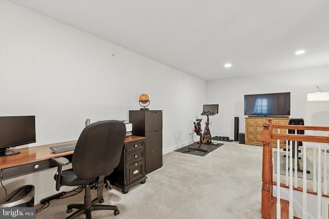 office with light carpet, baseboards, and recessed lighting