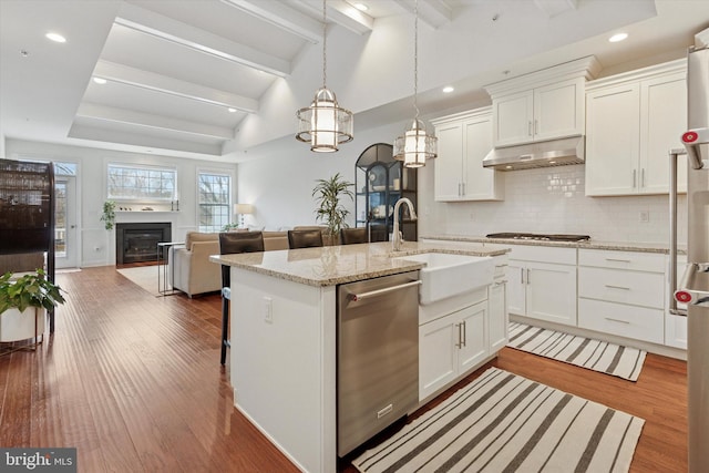 kitchen with under cabinet range hood, wood finished floors, a sink, open floor plan, and appliances with stainless steel finishes