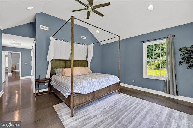 bedroom with baseboards, visible vents, wood finished floors, vaulted ceiling, and recessed lighting