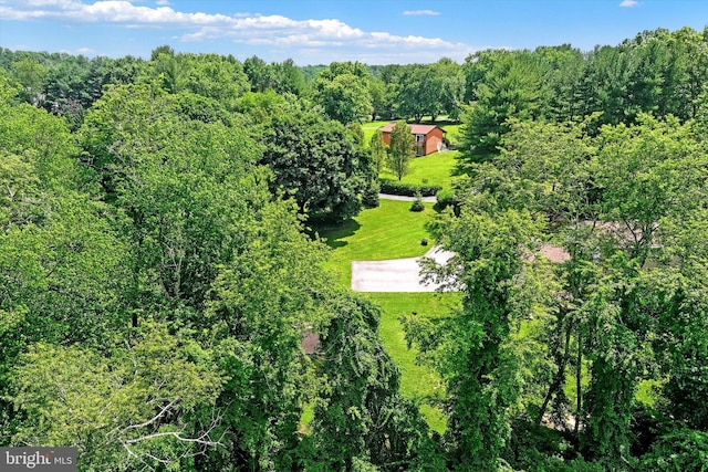 bird's eye view featuring a wooded view