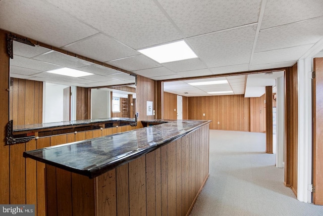 kitchen featuring dark countertops, wooden walls, brown cabinetry, and carpet flooring