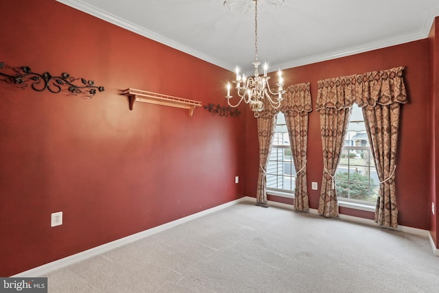 empty room with baseboards, carpet, a chandelier, and ornamental molding