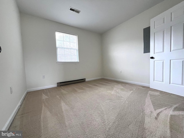 unfurnished room with a baseboard radiator, baseboards, visible vents, and carpet flooring