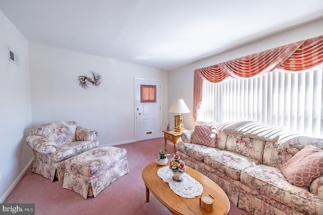 carpeted living area with visible vents and baseboards