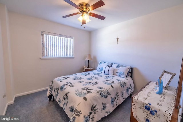 bedroom featuring carpet flooring, baseboards, and ceiling fan