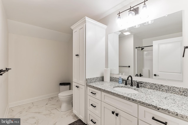 bathroom with vanity, baseboards, walk in shower, toilet, and marble finish floor