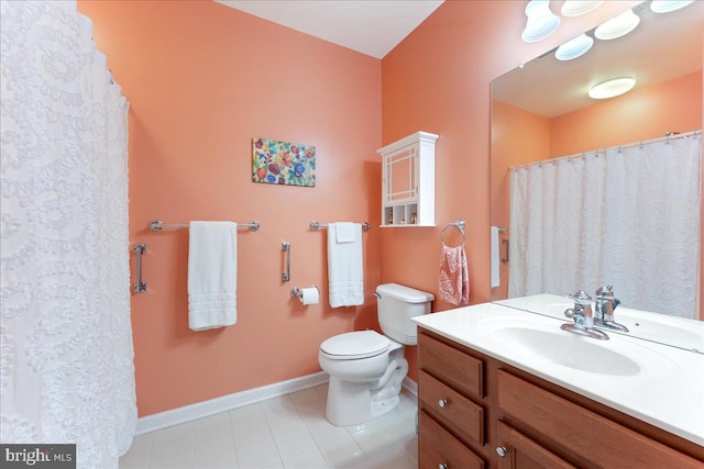 full bath featuring tile patterned floors, baseboards, toilet, and vanity