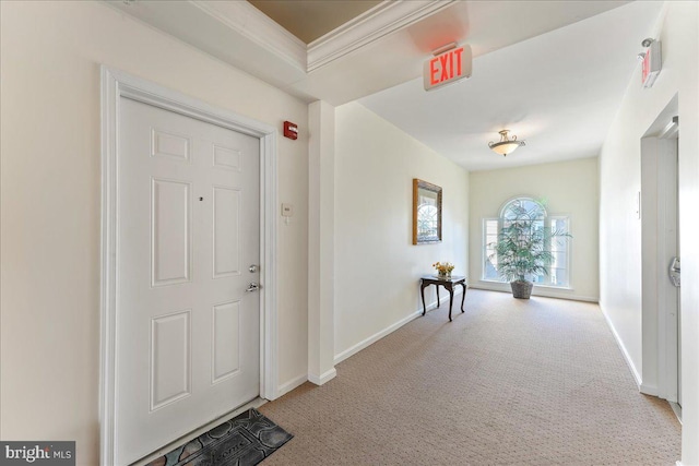 carpeted entryway featuring baseboards and ornamental molding