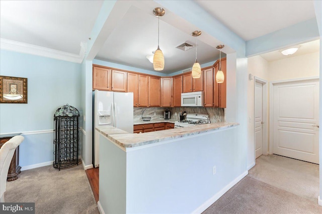 kitchen with visible vents, tasteful backsplash, white appliances, light countertops, and light colored carpet