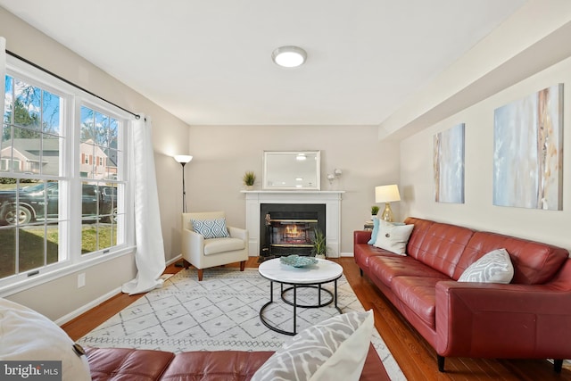 living area with a wealth of natural light, baseboards, and wood finished floors