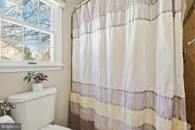 bathroom featuring toilet and a shower with shower curtain