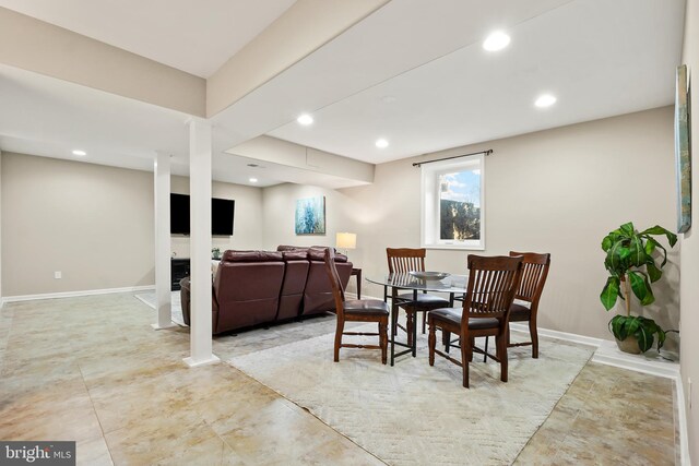 dining room featuring recessed lighting and baseboards