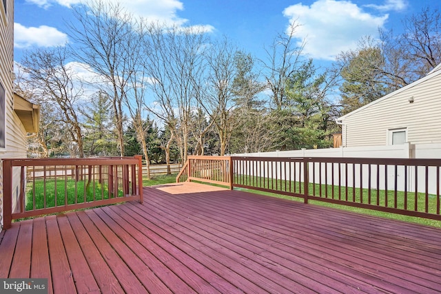 wooden terrace featuring a yard and a fenced backyard