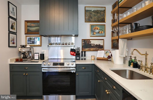 kitchen with open shelves, electric range, ventilation hood, and a sink