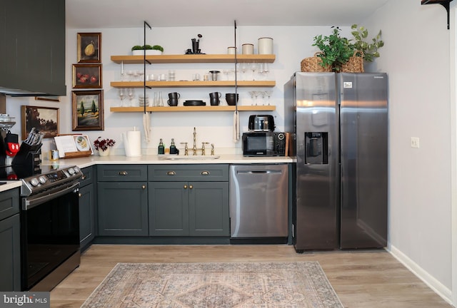 kitchen with stainless steel appliances, a sink, baseboards, light countertops, and light wood finished floors