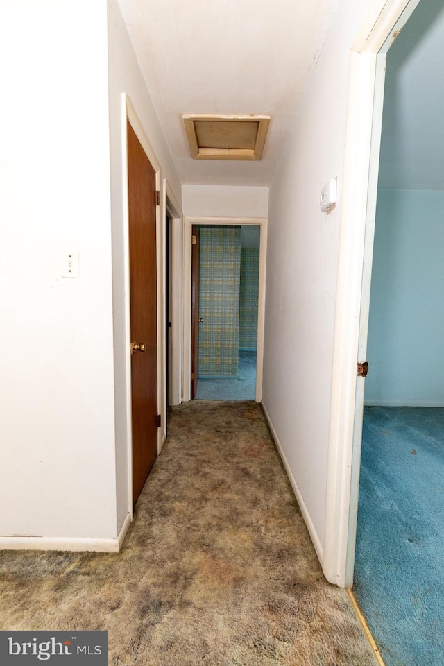 hallway with carpet floors, attic access, and baseboards